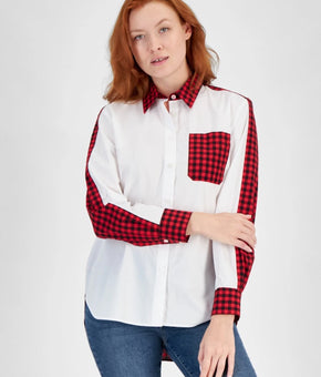 Nautica Jeans Womens Colorblocked Check Button Up Shirt Red White Size M $80