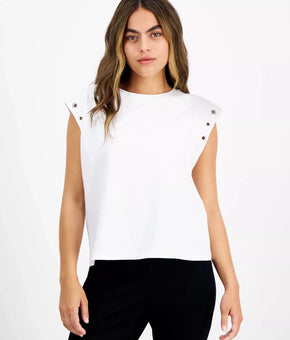 Bar III Petite Crewneck Grommet-Trim-Sleeve Top White Size PS