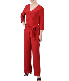 NY Collection Petite 3/4 Sleeve Belted Wide Leg Jumpsuit Red Size PM MSRP $65