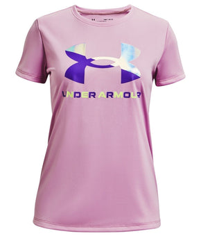Under Armour Split Foil Big Logo Tech Tee, Girl's, Size XL, Purple