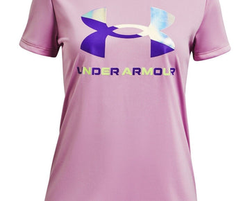 Under Armour Split Foil Big Logo Tech Tee, Girl's, Size XL, Purple