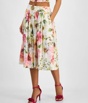 GUESS Women's Elodie Viscose Floral-Print Smocked-Waist Skirt Ivory Size XL $118