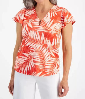 Jones New York Petite Printed Flutter-Sleeve Coral Sun Size PS Red MSRP $60