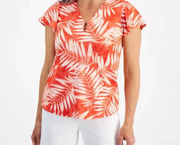 Jones New York Petite Printed Flutter-Sleeve Coral Sun Size PS Red MSRP $60