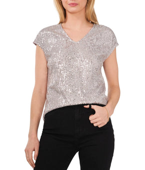 Vince Camuto Women's Sequined Dolman Sleeve V-Neck Blouse Silver Size S MSRP $79