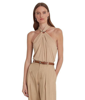 LAUREN Ralph Lauren Stretch Jersey Ring-Front Halter Top Brown Size XL MSRP $115