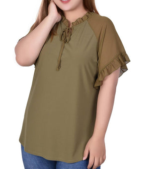 NY Collection Womens Plus Tie-Neck Sheer Sleeves Blouse Size 1X Olive Green