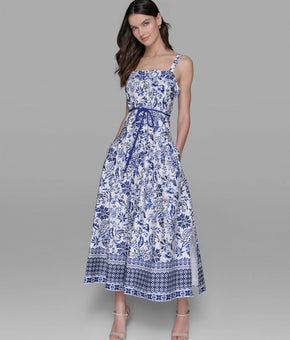 KARL LAGERFELD PARIS Floral-Print Square-Neck Midi Dress Blue Size 0 MSRP $168