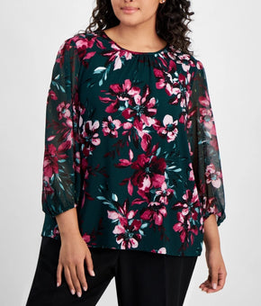 Kasper Plus Size Floral Print Mixed-Media Top Green Size 3X MSRP $79