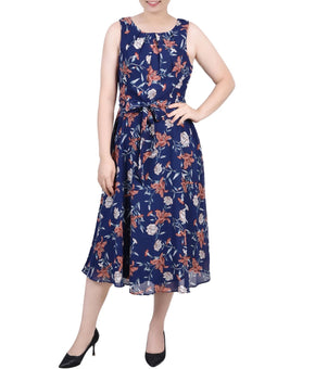 NY Collection Sleeveless Chiffon Belted Dress Blue Floral Petite Size PM $54
