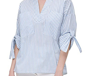 Calvin Klein V-Neck Pullover Blouse Cashmere White Blue Size S (US 4-6)