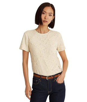 LAUREN Ralph Lauren Patchwork Lace Short Sleeve Blouse Ivory Size 10 MSRP $175