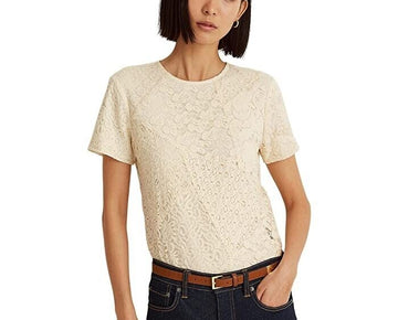 LAUREN Ralph Lauren Patchwork Lace Short Sleeve Blouse Ivory Size 10 MSRP $175