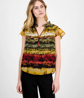 Anne Klein Ruffled-Neck Flutter-Sleeve Chiffon Top Yellow Black Size XS $79 SALE