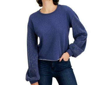 INC Embellished-Sleeve Sweatshirt Womens blue Size S MSRP $70