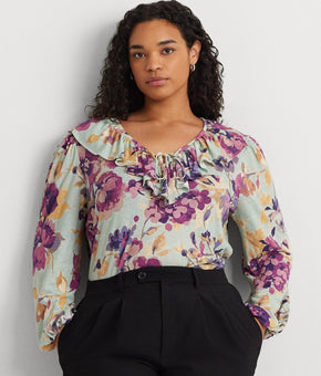 Lauren Ralph Lauren Linen-Blend Ruffled Floral Top Green Plus Size 2X MSRP $125
