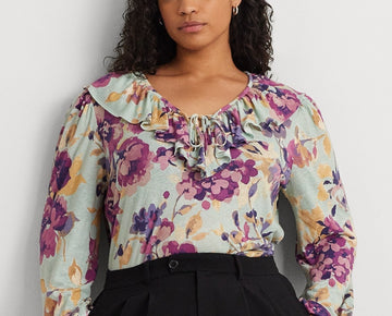 Lauren Ralph Lauren Linen-Blend Ruffled Floral Top Green Plus Size 2X MSRP $125