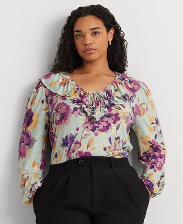 Lauren Ralph Lauren Linen-Blend Ruffled Floral Top Green Plus Size 2X MSRP $125