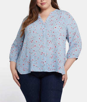 NYDJ Women's Pintuck Top Polyester Notched V-neck Blouse Blue Plus Size 1X $89