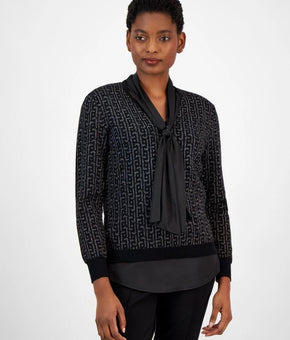 Anne Klein Sweater Womens Size M Black Tie Neck Layered Metallic Pullover $99