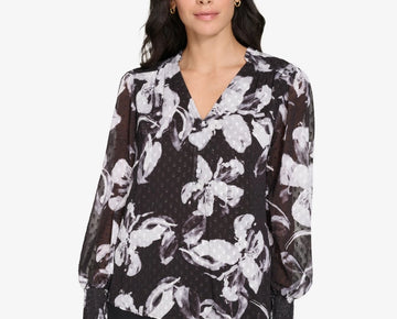 Calvin Klein Women's Printed V-Neck Long-Sleeve Top Black Size M MSRP $89