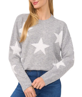 CeCe Women's Star-Print Long-Sleeve Crewneck Sweater Gray Size L MSRP $89