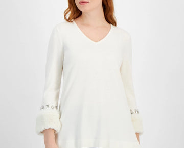 Anne Klein Women's Faux Fur Trim Sweater Ivory Size XL MSRP $129