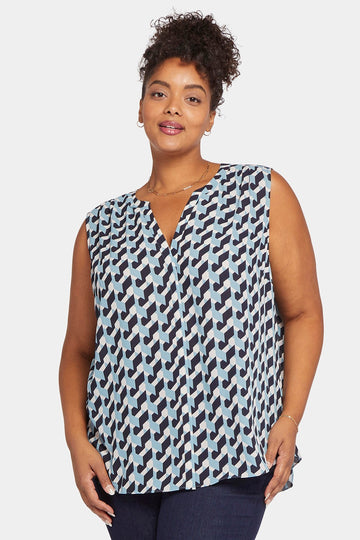 NYDJ Women's Sleeveless Pintuck Blouse in Chino Geo Plus Size 3X Blue MSRP $79