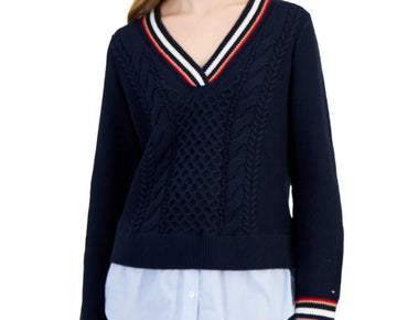 Tommy Hilfiger Cable-Knit Layered-Look Sweater Navy Blue Size XS MSRP $90