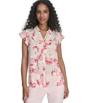 Calvin Klein Printed Ruffle-Front V-neck Blouse Pink Petite Size PXS $69 SALE