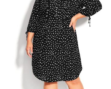 Avenue Women's Woven Print Shirt Dress 3/4 Sleeves V-Neck Plus Size 26-28 Black