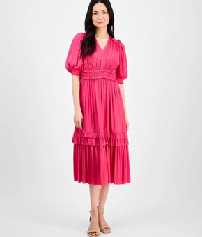 Tahari Dress Womens Size L Tulip Pink Puff Sleeve Smocked Ruffle Midi $148