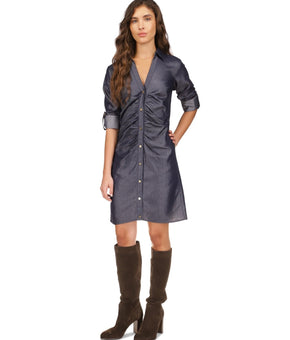 MICHAEL KORS Ruched-Front Roll-Tab-Sleeve Shirtdress Blue Size XS MSRP $165