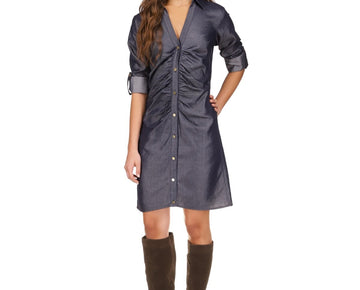 MICHAEL KORS Ruched-Front Roll-Tab-Sleeve Shirtdress Blue Size XS MSRP $165