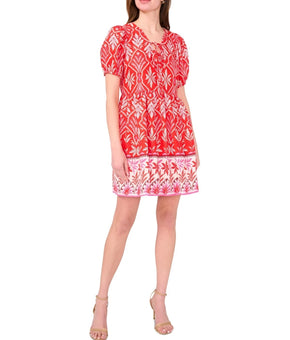 MSK Women's Printed Tie-Neck Short-Sleeve Dress V-neck flared Red Size XS $89