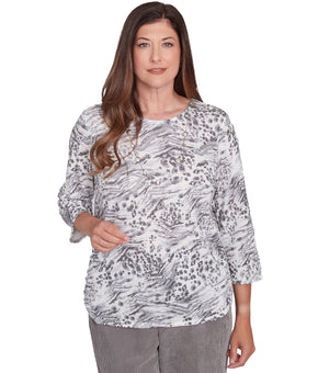 Alfred Dunner Womens Petite Monotone Grey Animal Print Top Size PL