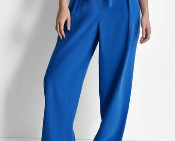 DKNY Women's Twill Tie-Front Pleated Wide-Leg Pants Blue Size 6 MSRP $99