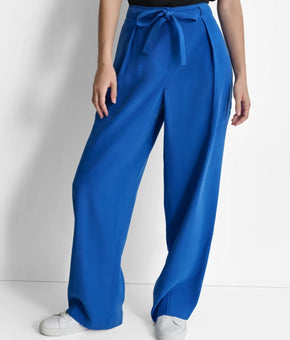 DKNY Women's Twill Tie-Front Pleated Wide-Leg Pants Blue Size 8 MSRP $99