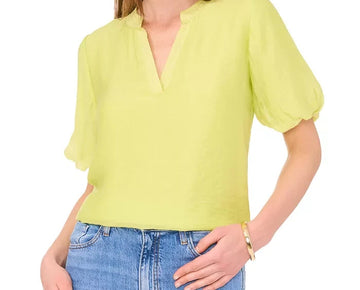 Vince Camuto Womens Split-Neck Quarter Puff Sleeve Island Lime Blouse Size XS