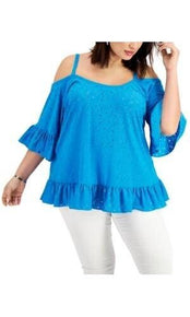 Michael Kors Plus Size Cold-Shoulder Eyelet Top Blue 2X MSRP $84
