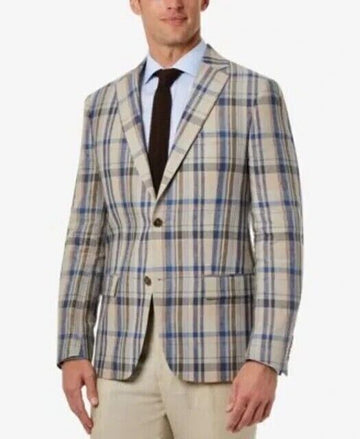 LAUREN RALPH LAUREN Ultraflex Stretch Linen Blazer Beige Blue Size 44S MSRP $295