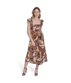 Vince Camuto Brown Sleeveless Square-Neck Ruffled-Shoulder Dress Size M $108