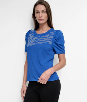 DKNY Women's Embellished-Front Crewneck Short-Sleeve Top Blue Size S MSRP $69