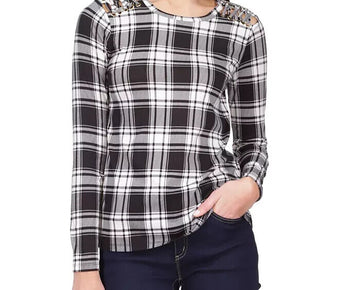 MICHAEL MICHAEL KORS Plaid Lace-Up Top Black Ivory Size XL MSRP $78