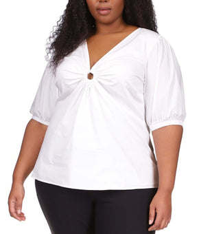 Michael Michael Kors Plus Size 2X Cotton Poplin 3/4-Sleeve Top White MSRP $115