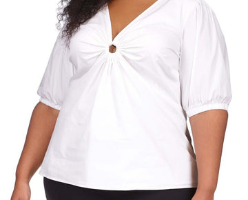 Michael Michael Kors Plus Size 2X Cotton Poplin 3/4-Sleeve Top White MSRP $115
