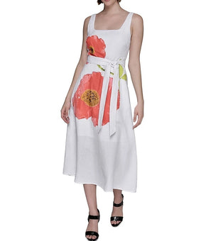 KARL LAGERFELD Women Floral-Print Linen-Blend A-Line Dress White Size 12 $189