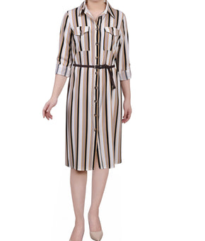 NY Collection Women's Petite 3/4 Roll Tab Sleeve Shirtdress Size PM Navy Ivory