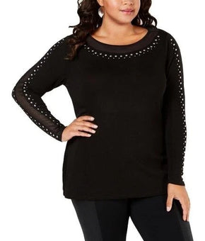 Belldini Studded Mesh-Inset Tunic Sweater Black Plus Size 1X MSRP $59