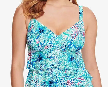 Swim Solutions Women's Printed Tiered Tankini Top Blue Size 10 MSRP $72